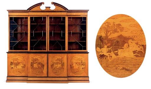 A LATE VICTORIAN SATINWOOD AND MARQUETRY BREAKFRONT BOOKCASE