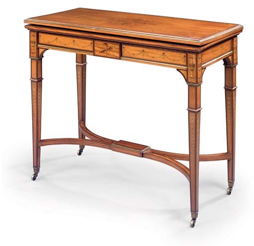A LATE VICTORIAN POLYCHROME-DECORATED, BRASS-MOUNTED SATINWOOD CARD-TABLE