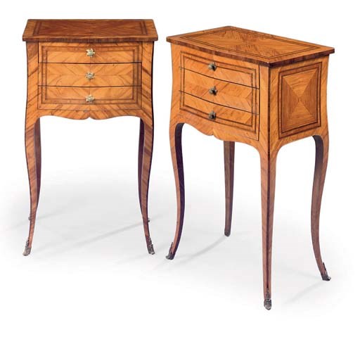 A PAIR OF FRENCH ORMOLU-MOUNTED SATINWOOD TABLES EN CHIFFONIERE