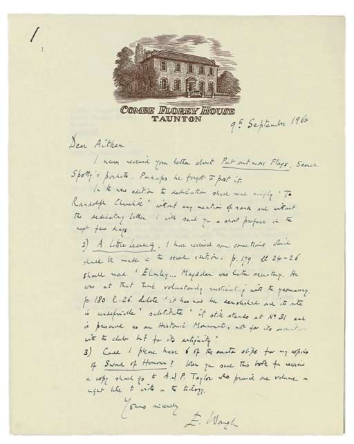 WAUGH, Evelyn (1903-1966). Series of approximately 33 autograph letters signed, 72 autograph postcards signed and three autograph annotations to incoming letters signed (the letters signed 'E. Waugh', the postcards mostly with initials, 'E.W.', a few postcards unsigned) to Jack McDougall, Gillon Aitken and other editors and staff at his publishers Chapman & Hall (subsequently Methuen), Combe Florey, Menton and elsewhere, 2 October 1961 - 13 February 1966 and n.d., together approx 105 pages, 8vo and 4to; and an autograph manuscript draft, a paragraph for the introduction to Sword of Honour, 'On reading the book I realized that I had done something quite outside my original intention ...', half page, 4to; with carbon copy replies and related correspondence of Chapman & Hall, Methuen and Waugh's agent, A.D. Peters, concerning his novels, and other material including proofs of the jackets for Basil Seal Rides Again and Sword of Honour; in two hanging files.