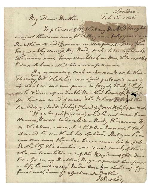 WESLEY, John (1703-1791). Autograph letter signed ('J. Wesley') to 'My Dear Brother' [John Stretton], London, 26 Februrary 1786, one page, 4to (area of discolouration, perhaps from paste, in first two lines of text; tear at right centre margin, 20mm, with no loss of text), on verso an autograph letter signed to the same recipient by Thomas Coke, same date, integral address leaf ('To  Mr Stretton  Harbour Grace  Newfoundland'), (address panel soiled, tears to folds around panel, seal tear). Provenance: an annotation to the address leaf records the gift of the letter by 'Widdow Stretton' to Revd Ninian Barr (1816-1865), 27 February 1818; in 1913 it belonged to a Mr Rippon (letter from Rev. Nehemiah Curnock, editor of Wesley's journal).