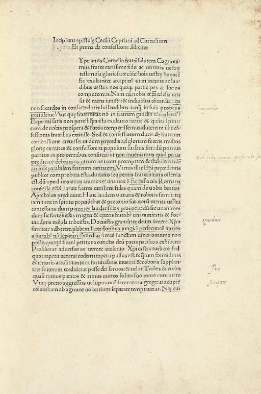 CYPRIANUS, Thascius Caecilius (Saint, Bishop of Carthage, d. 258). Opera. Edited by Joannes Andreae de Buxiis, Bishop of Aleria (1417-75). [Venice:] Vindelinus de Spira, [after July] 1471.