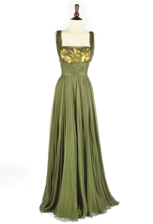 HELEN ROSE, A RARE GREEN SILK CHIFFON GOWN, 1950s