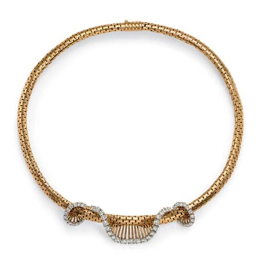 A RETRO DIAMOND AND GOLD NECKLACE, BY CARTIER