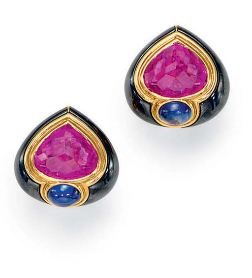 A PAIR OF RUBELLITE AND HEMATITE EAR CLIPS, BY BULGARI
