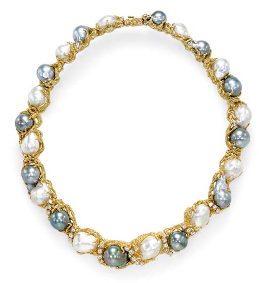 A BAROQUE CULTURED PEARL, DIAMOND AND GOLD NECKLACE, BY ARTHUR KING