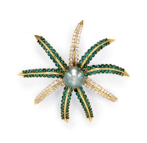 A CULTURED PEARL, TOURMALINE AND DIAMOND "FIREWORKS" BROOCH, BY TIFFANY & CO.