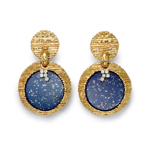 **A PAIR OF GOLD, DIAMOND AND MULTI-GEM EAR PENDANTS, BY VAN CLEEF & ARPELS
