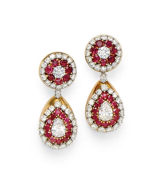 A PAIR OF RUBY AND DIAMOND EAR PENDANTS, BY DAVID WEBB