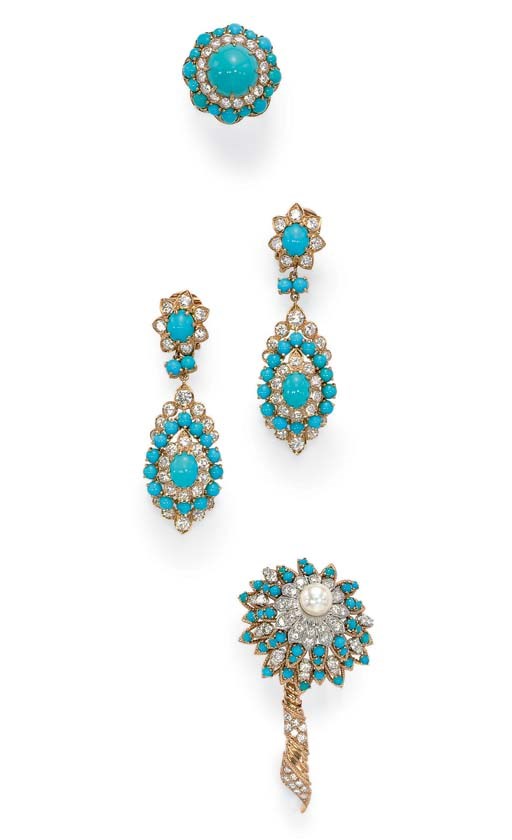 A GROUP OF TURQUOISE AND DIAMOND JEWELRY