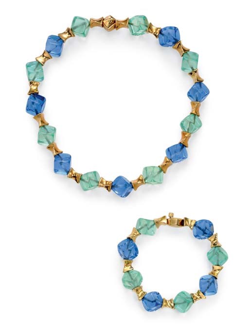 A SUITE OF COLORED GLASS AND GOLD "SQUARE BEADS" JEWELRY, BY MARINA B.