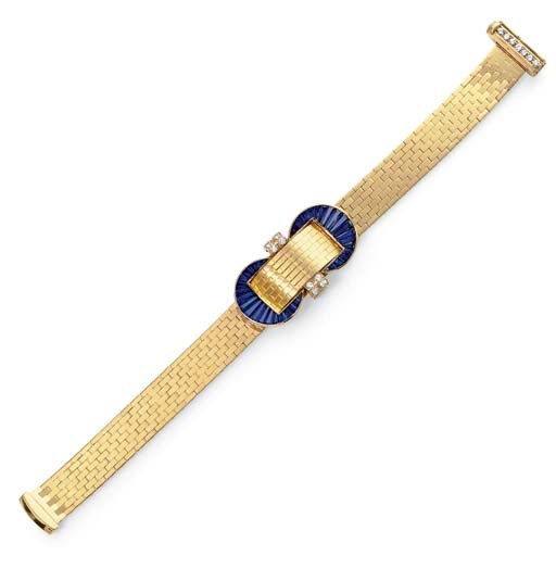 A SAPPHIRE, DIAMOND AND GOLD "SHUTTER" WATCH-BRACELET, BY VAN CLEEF & ARPELS
