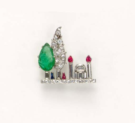AN ART DECO EMERALD, RUBY AND DIAMOND BROOCH, BY MAUBOUSSIN