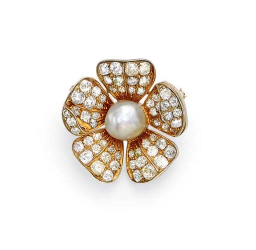 AN ANTIQUE PEARL AND DIAMOND BROOCH