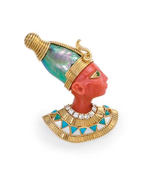 **A MULTI-GEM AND DIAMOND "NEFERTITI" BROOCH, BY CARTIER