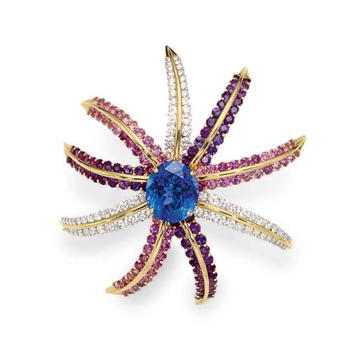 A TANZANITE, DIAMOND, TOURMALINE AND AMETHYST "FIREWORKS" BROOCH, BY TIFFANY & CO.