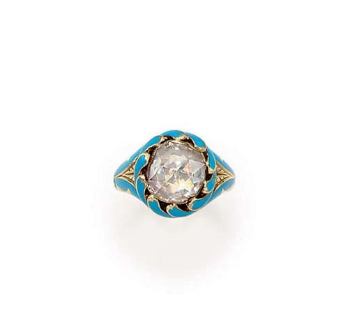 AN ANTIQUE DIAMOND, ENAMEL AND GOLD RING