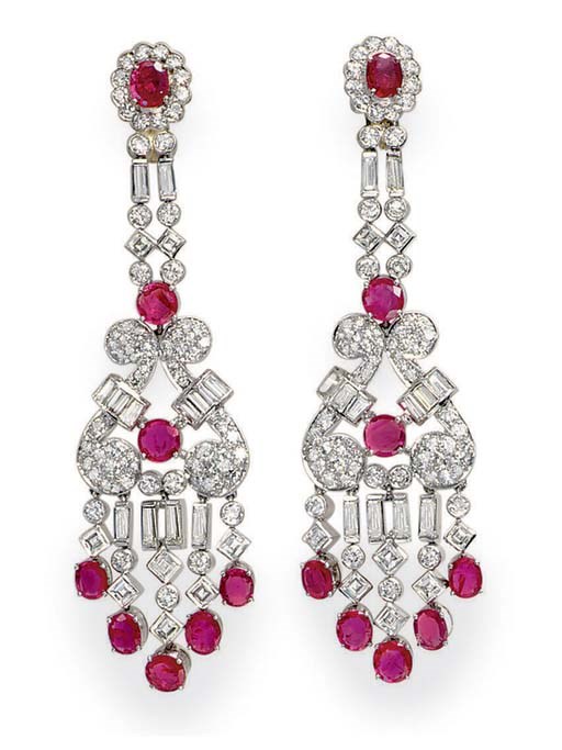A PAIR OF RUBY AND DIAMOND EAR PENDANTS