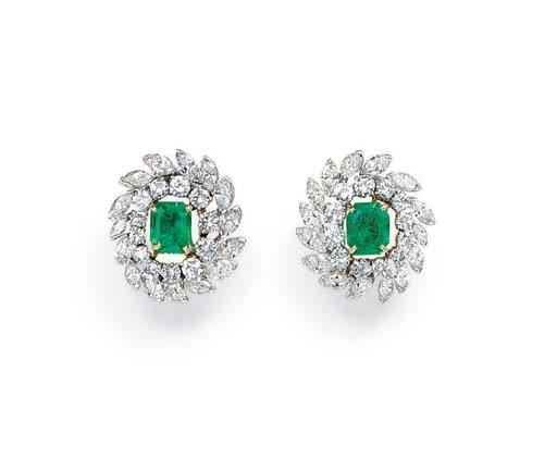 A PAIR OF EMERALD AND DIAMOND EAR CLIPS