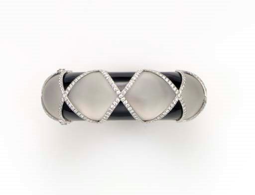 A BLACK JADE, ROCK CRYSTAL AND DIAMOND BANGLE BRACELET, BY TIFFANY & CO.