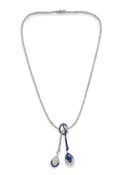 A SAPPHIRE AND DIAMOND PENDANT NECKLACE