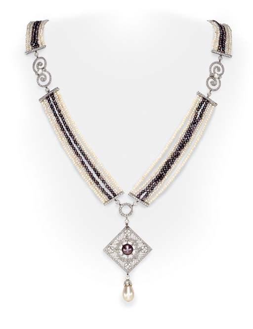A BELLE EPOQUE PEARL AND DIAMOND SAUTOIR