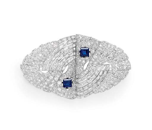 A SAPPHIRE AND DIAMOND DOUBLE-CLIP BROOCH, BY GUBELIN
