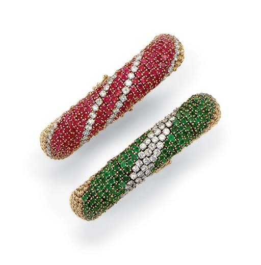 A PAIR OF RUBY, EMERALD, DIAMOND AND GOLD BRACELETS