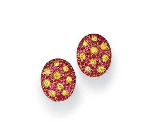 A PAIR OF RUBY AND COLORED DIAMOND EAR CLIPS