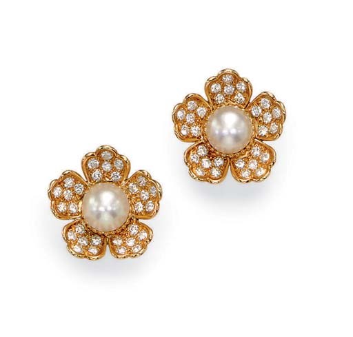 A PAIR OF PEARL AND DIAMOND EAR CLIPS, BY BOUCHERON