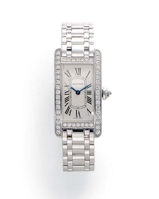 A DIAMOND AND WHITE GOLD "TANK AMERICAINE" WRISTWATCH, BY CARTIER