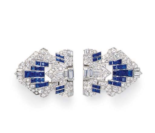A PAIR OF ART DECO SAPPHIRE AND DIAMOND CLIP BROOCHES