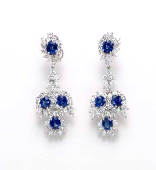 A PAIR OF SAPPHIRE AND DIAMOND EAR PENDANTS