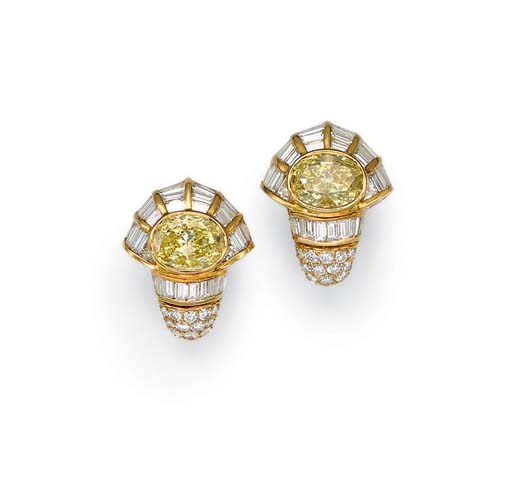 A PAIR OF COLORED DIAMOND EAR CLIPS, BY BULGARI
