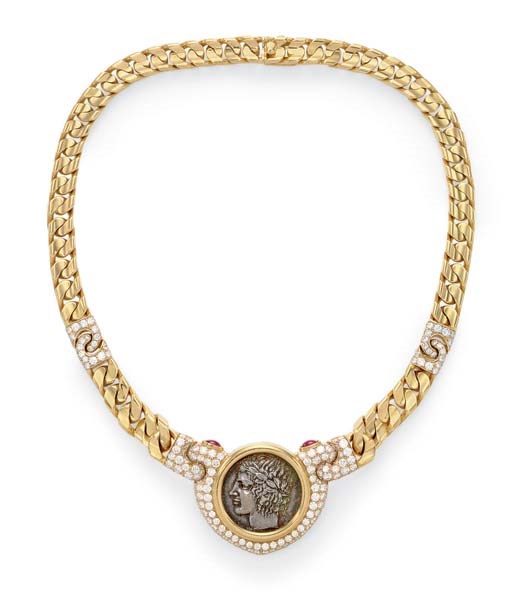 A COIN, DIAMOND AND GOLD NECKLACE, BY BULGARI