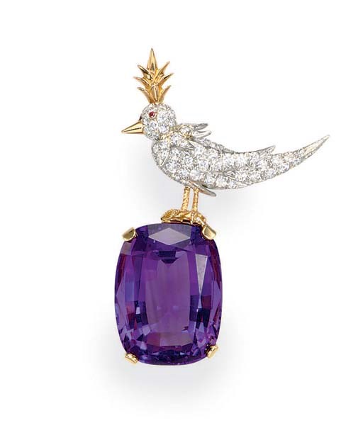 AN AMETHYST AND DIAMOND "BIRD ON A ROCK" BROOCH, BY JEAN SCHLUMBERGER, TIFFANY & CO.
