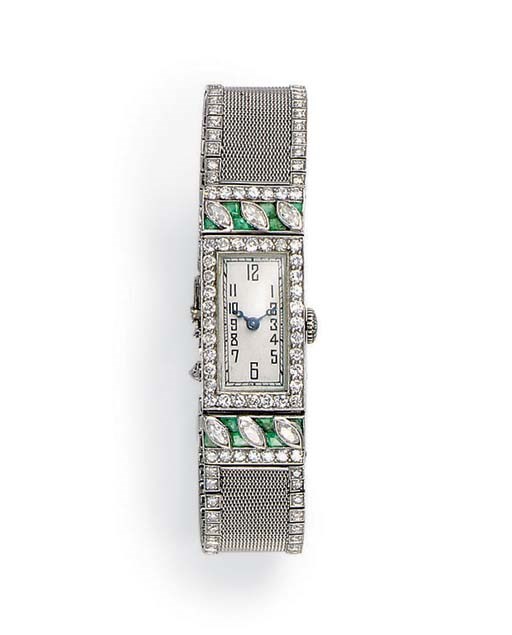 AN ART DECO EMERALD AND DIAMOND WRISTWATCH
