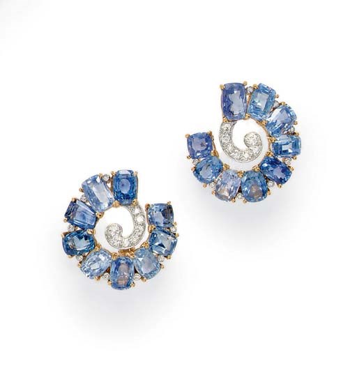 A PAIR OF SAPPHIRE AND DIAMOND EAR CLIPS, BY BOUCHERON