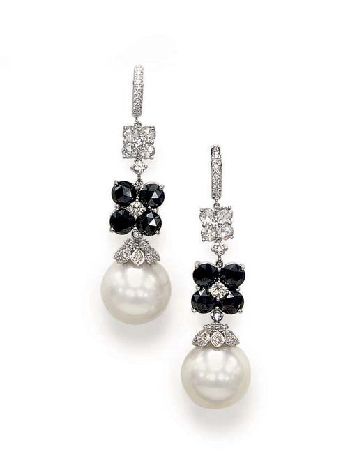 A PAIR OF CULTURED PEARL AND COLORED DIAMOND EAR PENDANTS