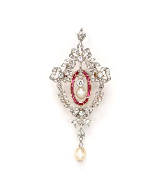 A BELLE EPOQUE RUBY, PEARL AND DIAMOND BROOCH