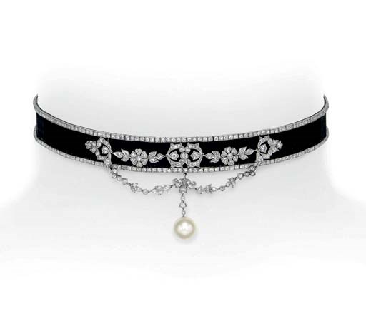 A BELLE EPOQUE DIAMOND, PEARL AND RIBBON DOG COLLAR