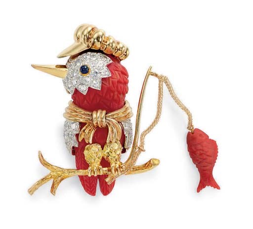 **A CARVED CORAL, DIAMOND AND GOLD "KINGFISHER" BROOCH, BY DONALD CLAFLIN, TIFFANY & CO.