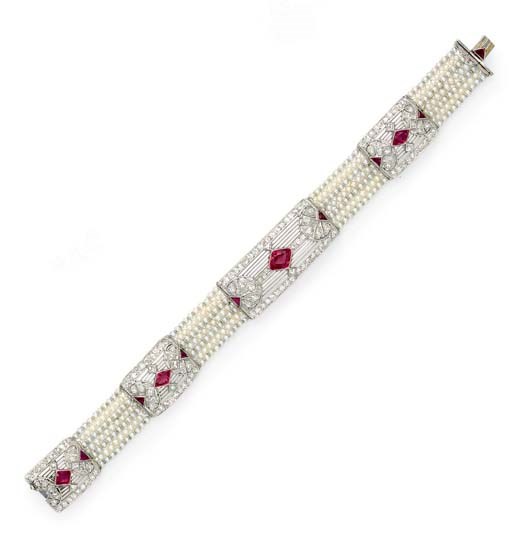 A BELLE EPOQUE SEED PEARL, RUBY AND DIAMOND BRACELET