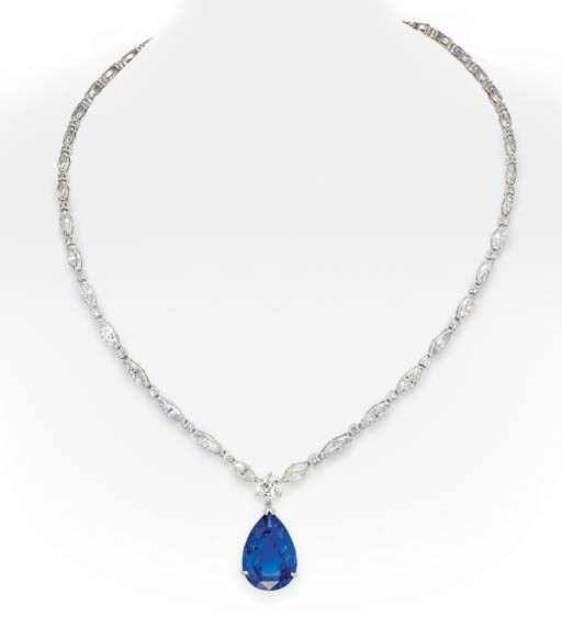 A SAPPHIRE AND DIAMOND PENDANT NECKLACE