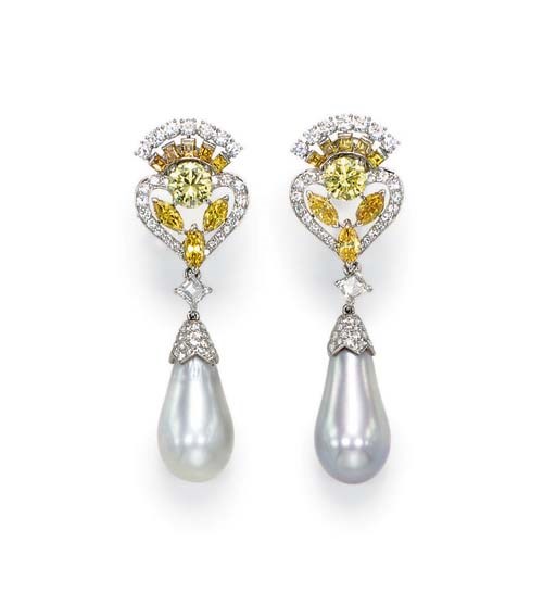 A PAIR OF PEARL AND COLORED DIAMOND EAR PENDANTS