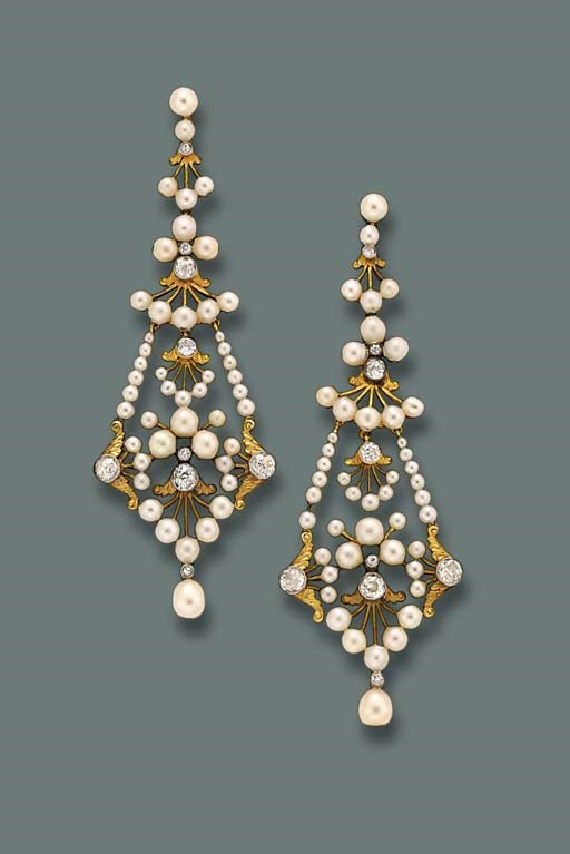 A PAIR OF PEARL AND DIAMOND EAR PENDANTS