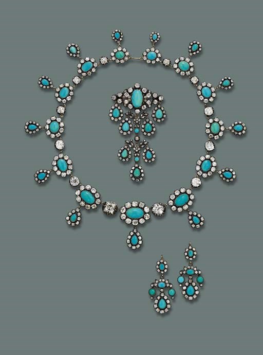 A FINE ANTIQUE TURQUOISE AND DIAMOND PARURE