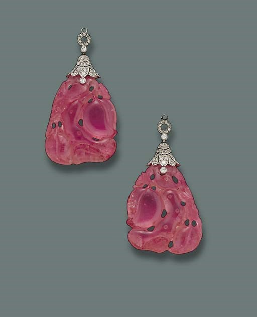 A PAIR OF ART DECO TOURMALINE AND DIAMOND PENDANTS