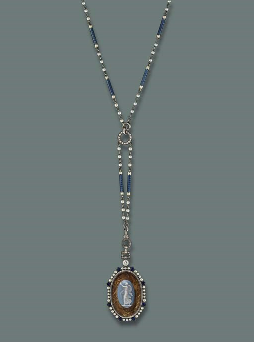 A BELLE EPOQUE DIAMOND AND ENAMEL PENDENT NECKLACE