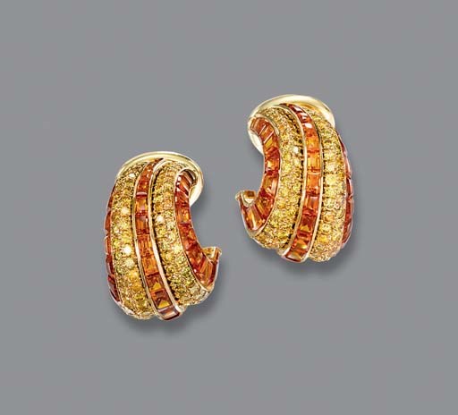 A PAIR OF DIAMOND AND CITRINE EARCLIPS, BY HEMMERLE